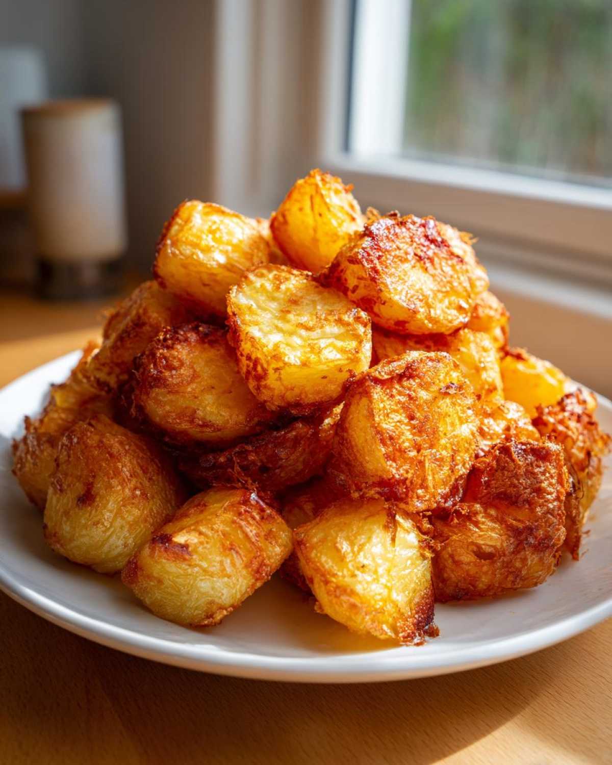 A mound of golden brown, crispy roasted breakfast potatoes piled high on a white plate.