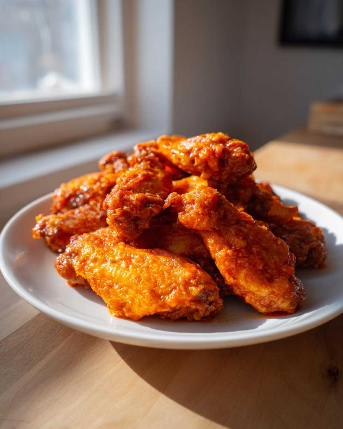 A pile of bright orange, saucy, crispy chicken wings stacked on a white plate indoors.