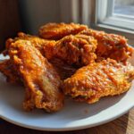 A plate of perfectly crispy, glazed chicken wings catching the sunlight near a window.