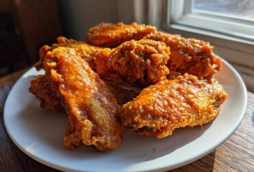 A plate of perfectly crispy, glazed chicken wings catching the sunlight near a window.