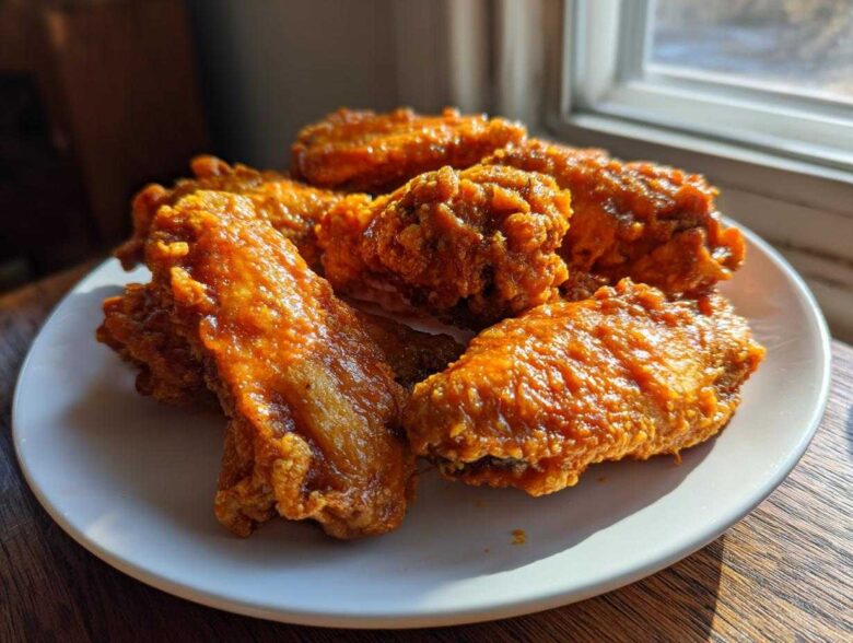 A plate of perfectly crispy, glazed chicken wings catching the sunlight near a window.