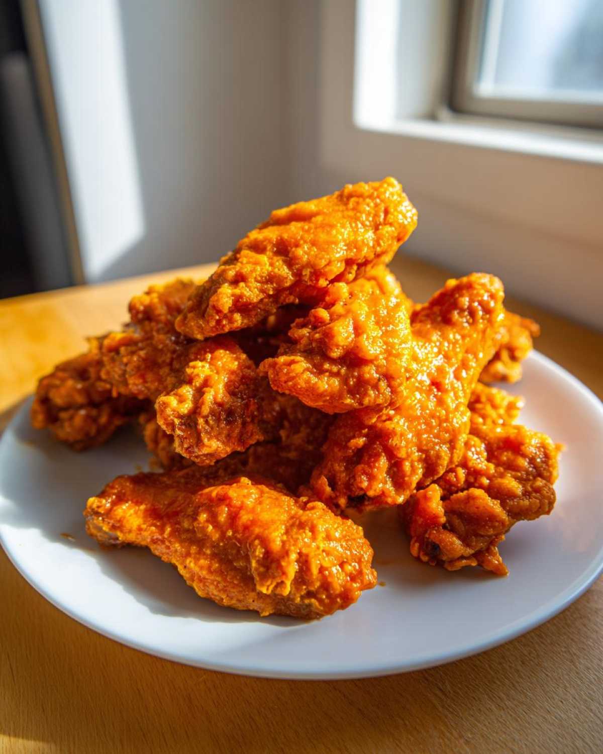 A pile of golden, crispy chicken wings coated in bright orange sauce, ready to eat.