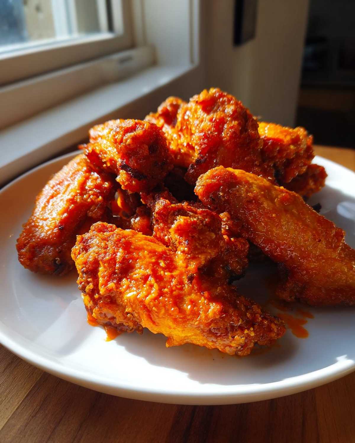 A plate piled high with crispy, bright orange, saucy chicken wings, highlighting the texture achieved by the recipe.