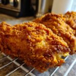 Close-up of several pieces of golden brown, extra-crispy fried chicken resting on a wire cooling rack.
