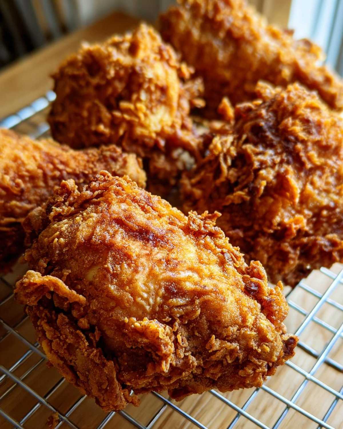 Close-up of several pieces of perfectly golden, crispy fried chicken resting on a wire cooling rack.