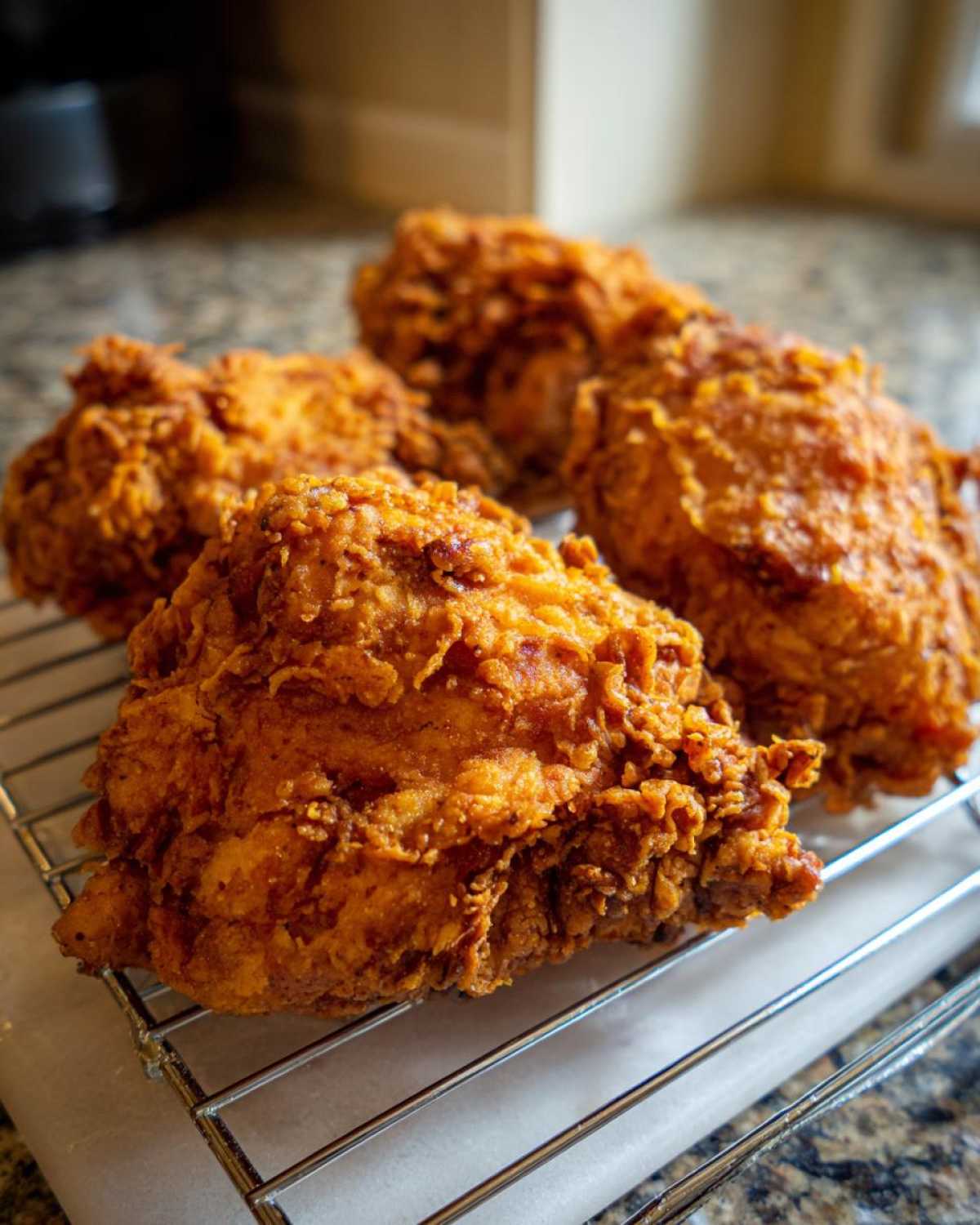 Four pieces of golden brown, crispy fried chicken resting on a wire cooling rack.