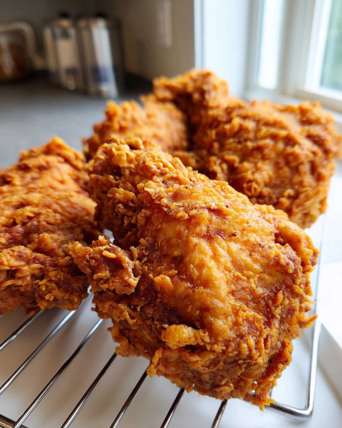 Close-up of several pieces of perfectly golden and crispy fried chicken resting on a wire cooling rack.