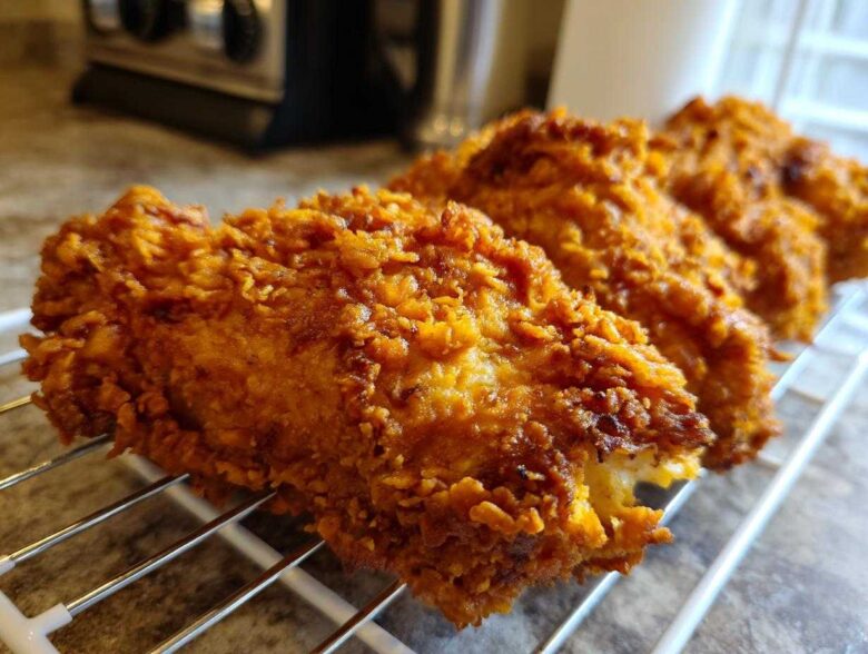 Close-up of several pieces of golden brown, extra-crispy fried chicken resting on a wire cooling rack.