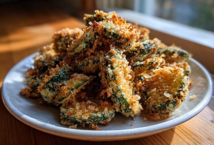 A pile of golden brown, crispy Fried Pickles with thick breading served on a small white plate.