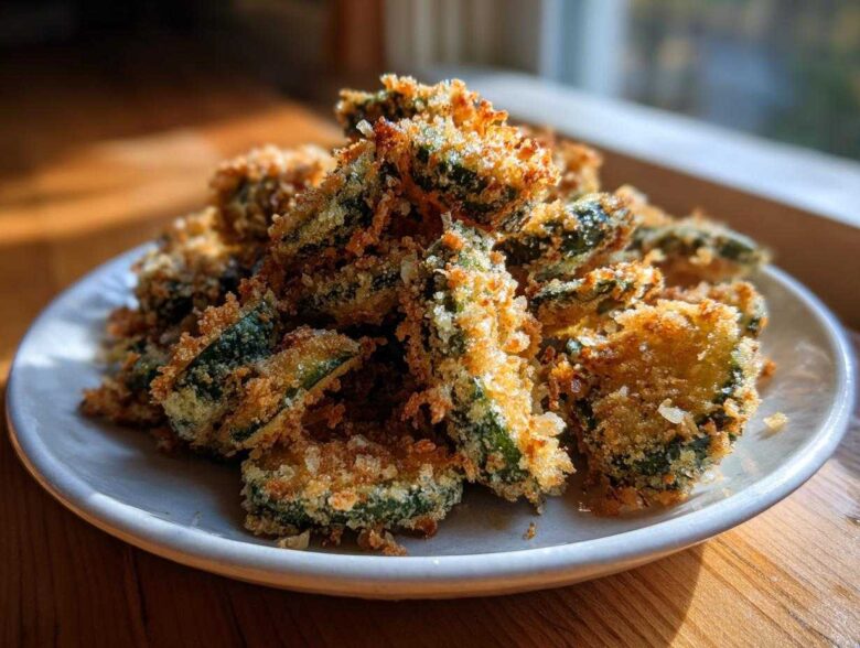 A pile of golden brown, crispy Fried Pickles with thick breading served on a small white plate.
