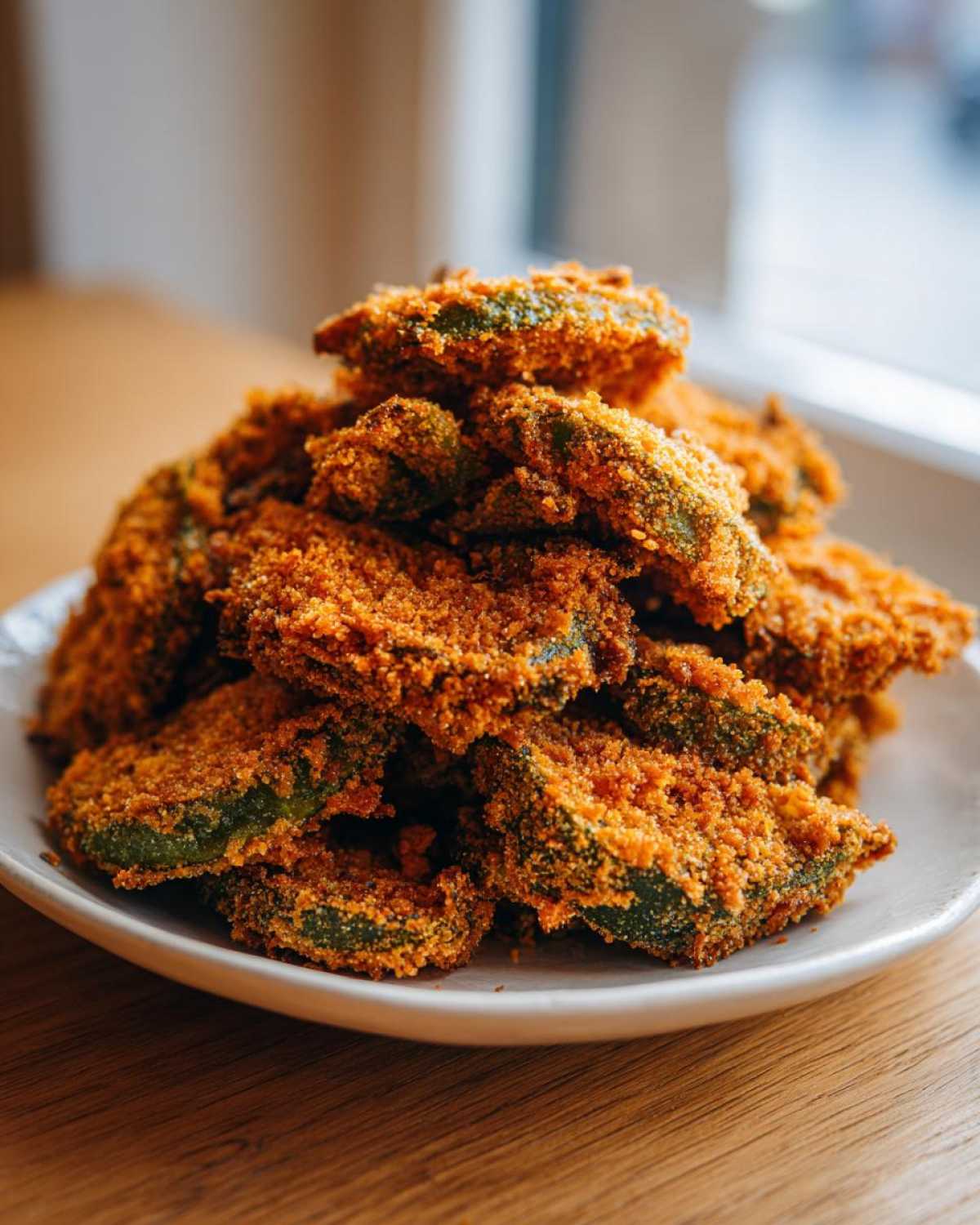 A close-up shot of a tall pile of golden-brown, crispy Fried Pickles served on a white plate.