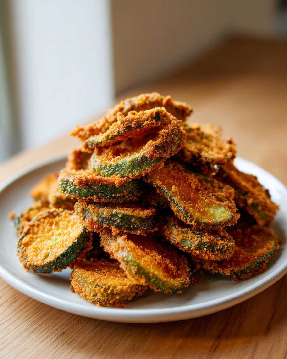 A tall stack of golden brown, crispy Fried Pickles served on a white plate.