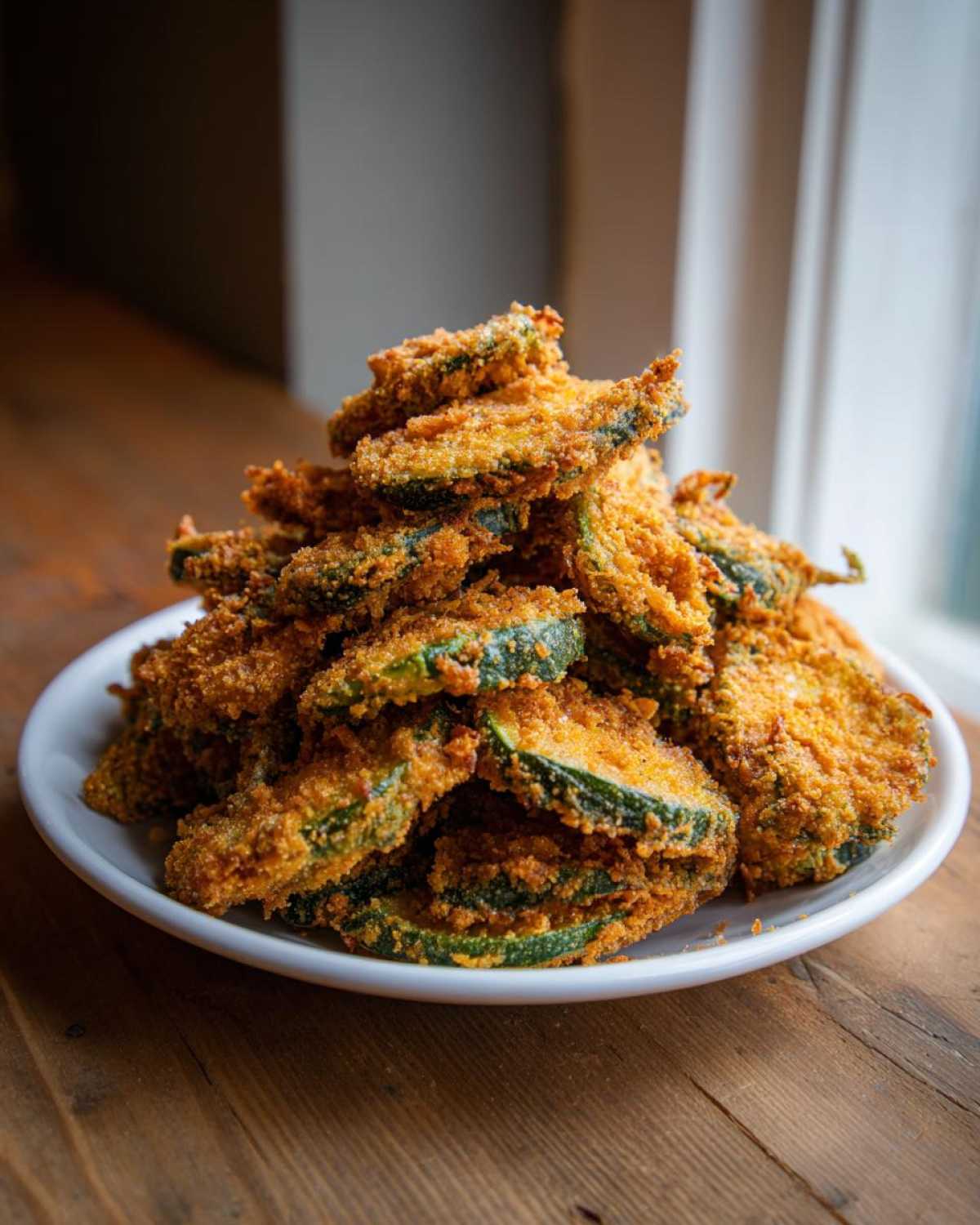 A tall stack of golden brown, crispy fried pickles piled high on a white plate.