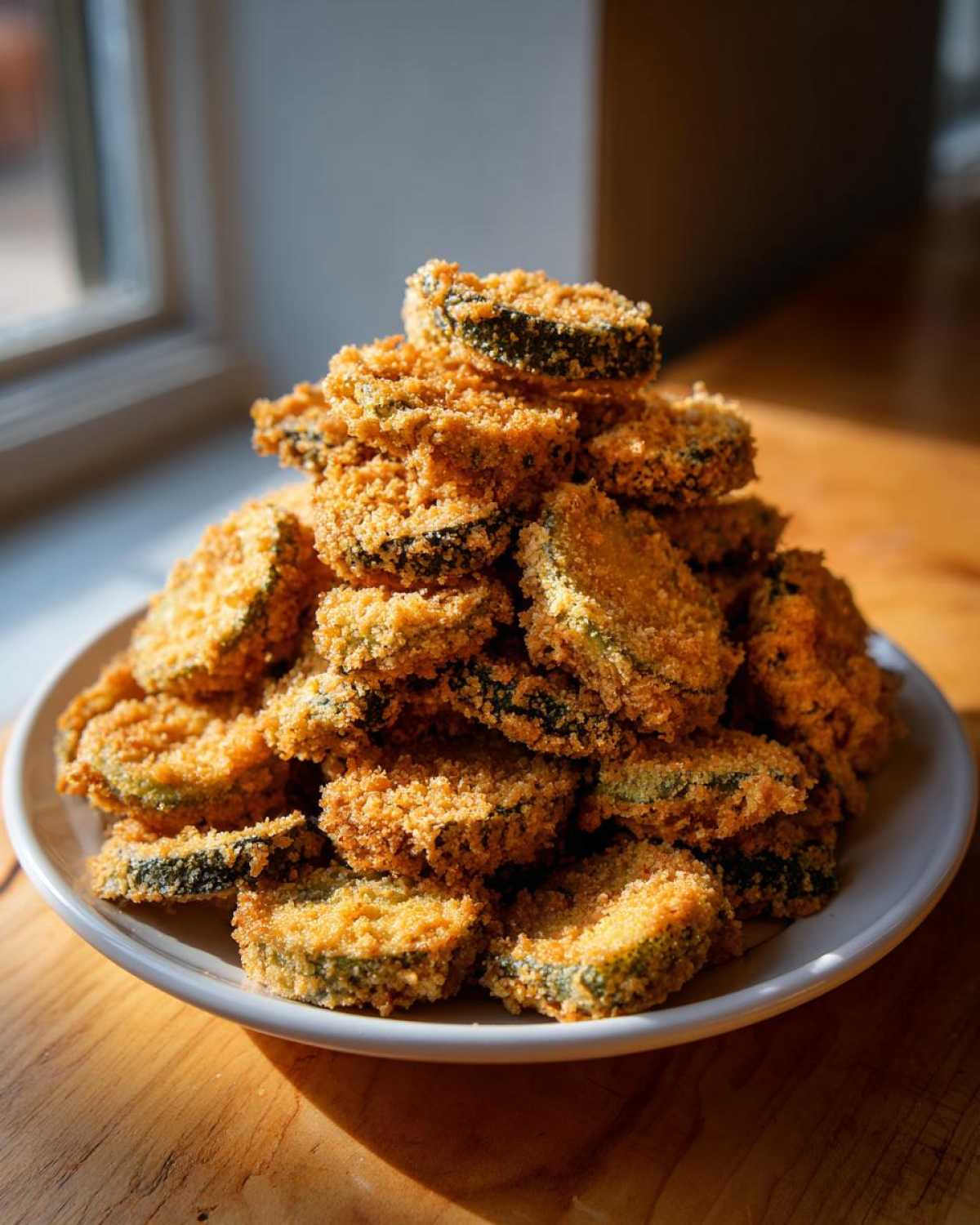 A tall pile of golden brown, crispy Fried Pickles stacked high on a white plate, illuminated by natural light.