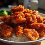 Close-up of crispy, glazed orange chicken recipe pieces piled high on white rice with a side of steamed broccoli.