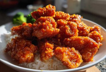 Close-up of crispy, glazed orange chicken recipe pieces piled high on white rice with a side of steamed broccoli.