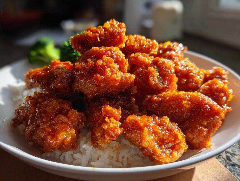Close-up of crispy, glazed orange chicken recipe pieces piled high on white rice with a side of steamed broccoli.