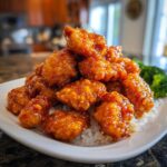 A close-up of crispy, glazed orange chicken piled high over white rice with a side of steamed broccoli.