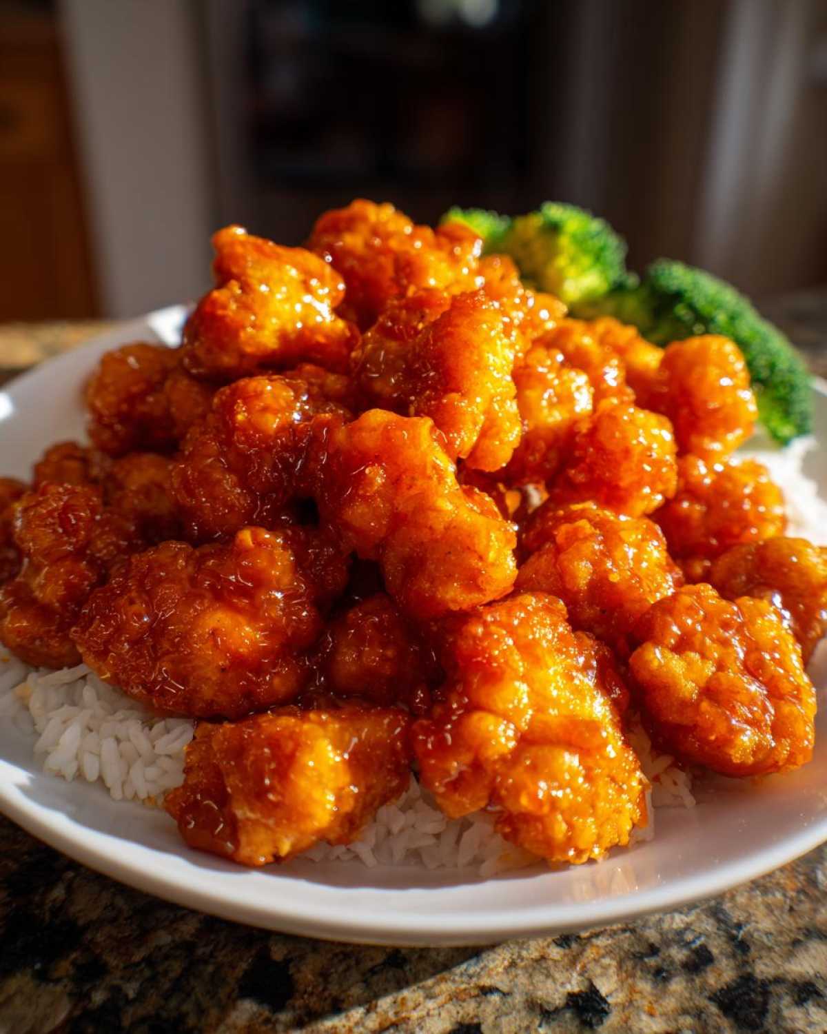 Close-up of crispy orange chicken recipe pieces coated in glossy sauce, served over white rice with steamed broccoli.