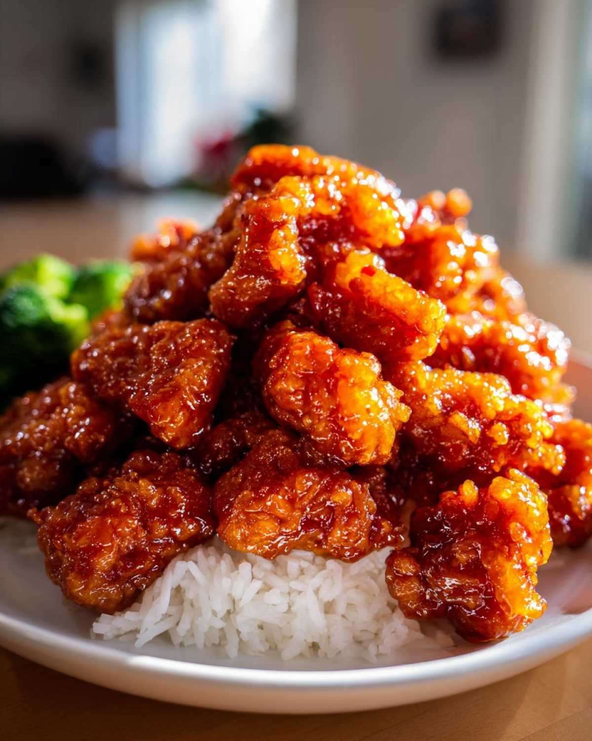 Close-up of crispy, glazed orange chicken piled high over white rice, with a side of steamed broccoli.