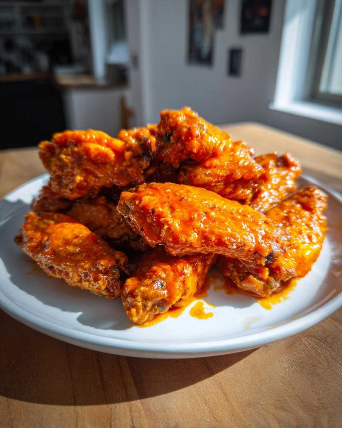 A close-up of a pile of bright orange, saucy chicken wings on a white plate, highlighting their crispy texture.