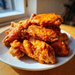 A close-up of a pile of crispy, bright orange sauced chicken wings on a white plate.