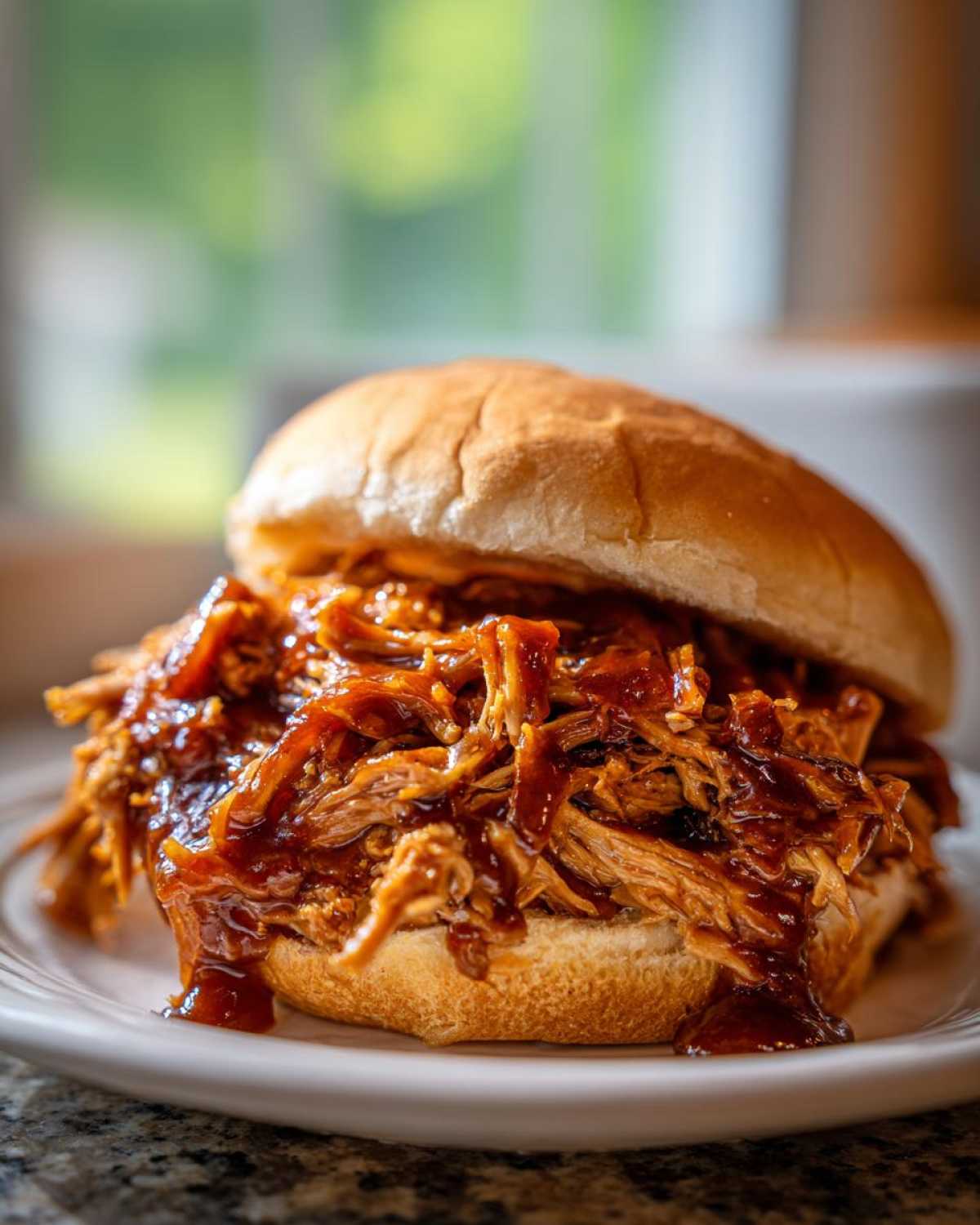 A close-up of a delicious crock pot pulled pork sandwich dripping with BBQ sauce on a white plate.