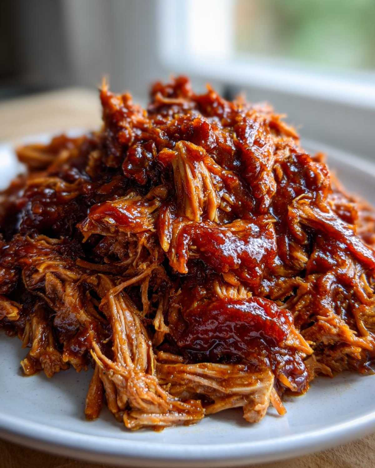 Close-up of shredded, saucy crock pot pulled pork piled high on a white plate.