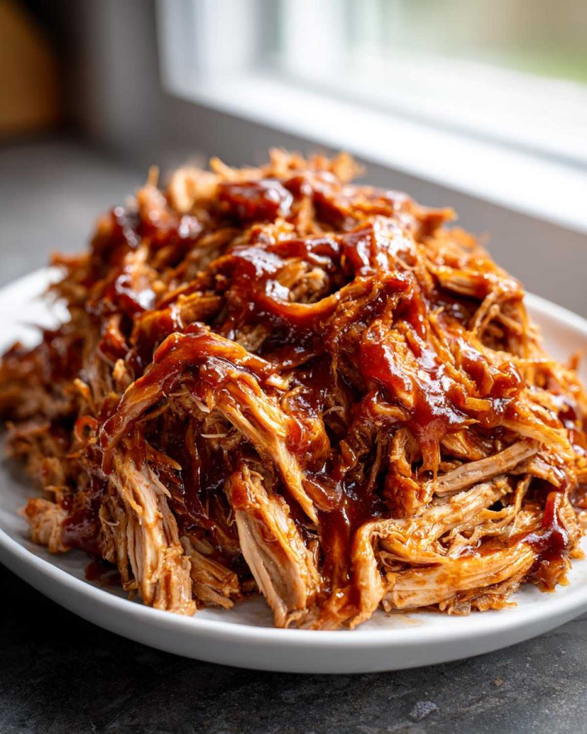A close-up of shredded, saucy crock pot pulled pork piled high on a white plate.