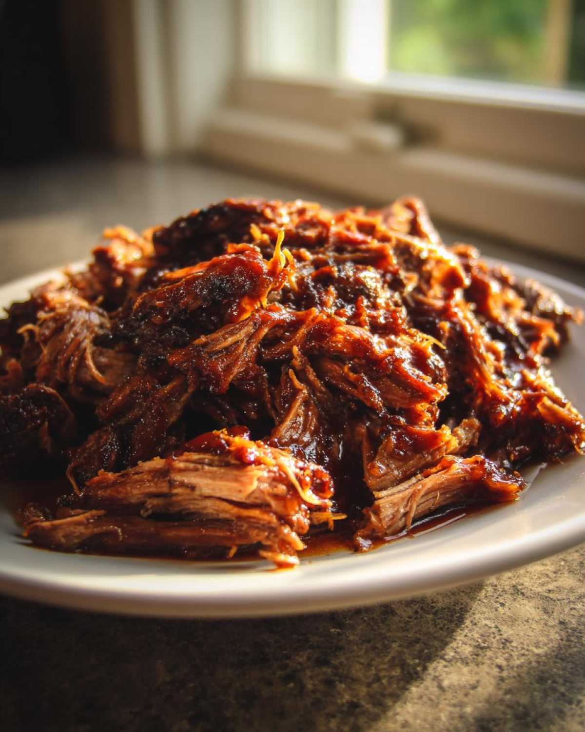 Close-up of saucy, shredded crock pot pulled pork piled high on a white plate, backlit by a window.