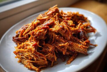 A mound of saucy, shredded crock pot pulled pork piled high on a white plate near a window.