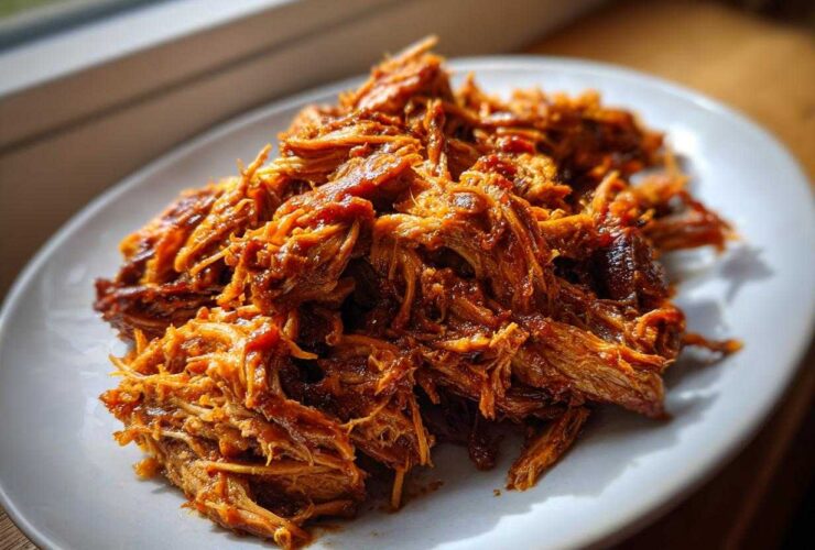 A mound of saucy, shredded crock pot pulled pork piled high on a white plate near a window.