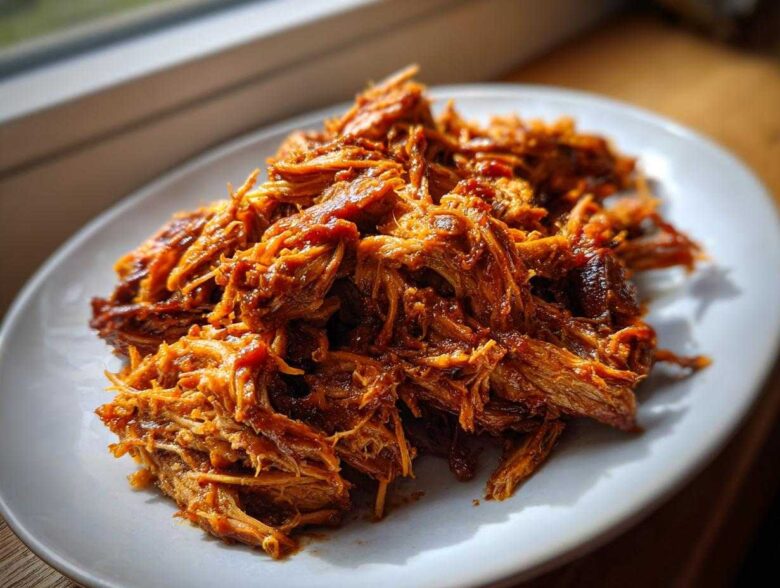 A mound of saucy, shredded crock pot pulled pork piled high on a white plate near a window.