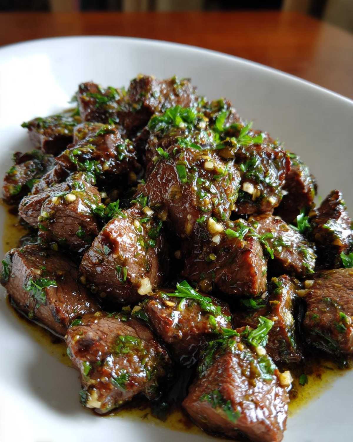 Close-up of tender crockpot steak bites coated in a rich, glossy garlic and parsley sauce.