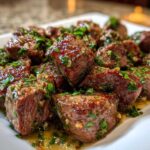 Close-up of tender crockpot steak bites coated in a glossy herb and garlic sauce, served on a white platter.