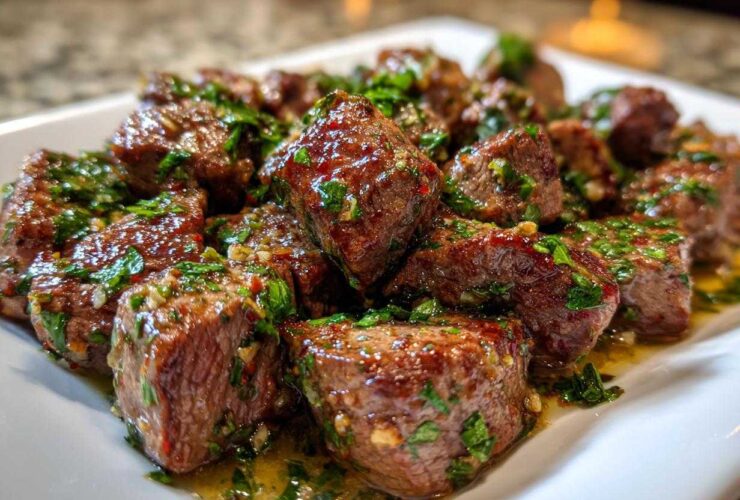 Close-up of tender crockpot steak bites coated in a glossy herb and garlic sauce, served on a white platter.
