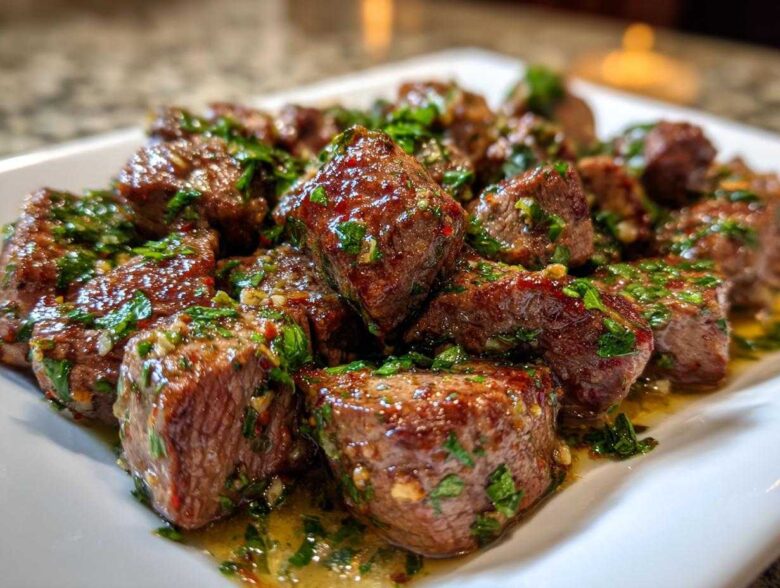Close-up of tender crockpot steak bites coated in a glossy herb and garlic sauce, served on a white platter.