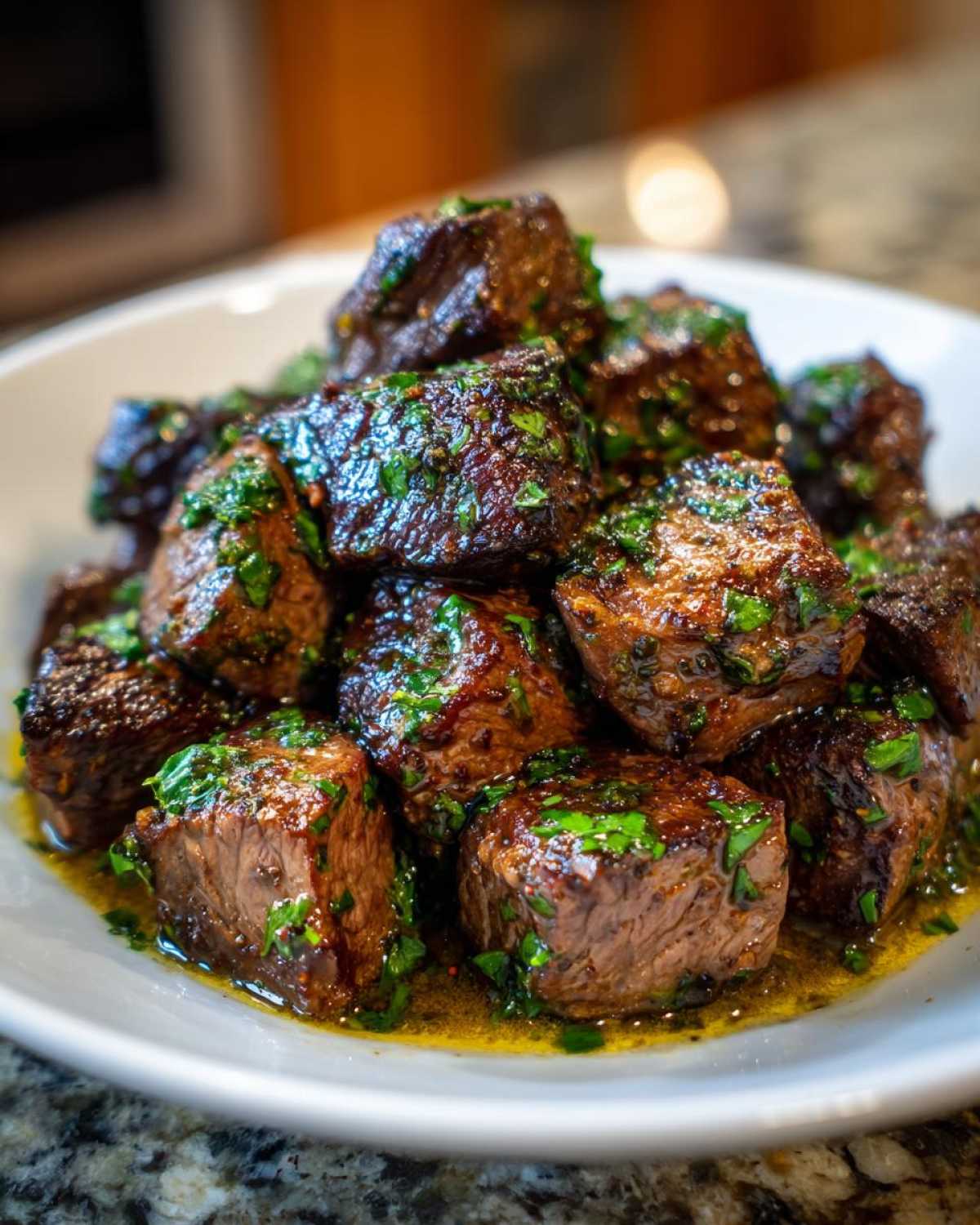 Close-up of tender, cubed crockpot steak bites glistening in sauce and topped with fresh green parsley.