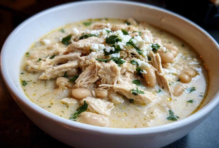 Close-up of a bowl of creamy crockpot white chicken chili topped with shredded chicken, white beans, and feta cheese.