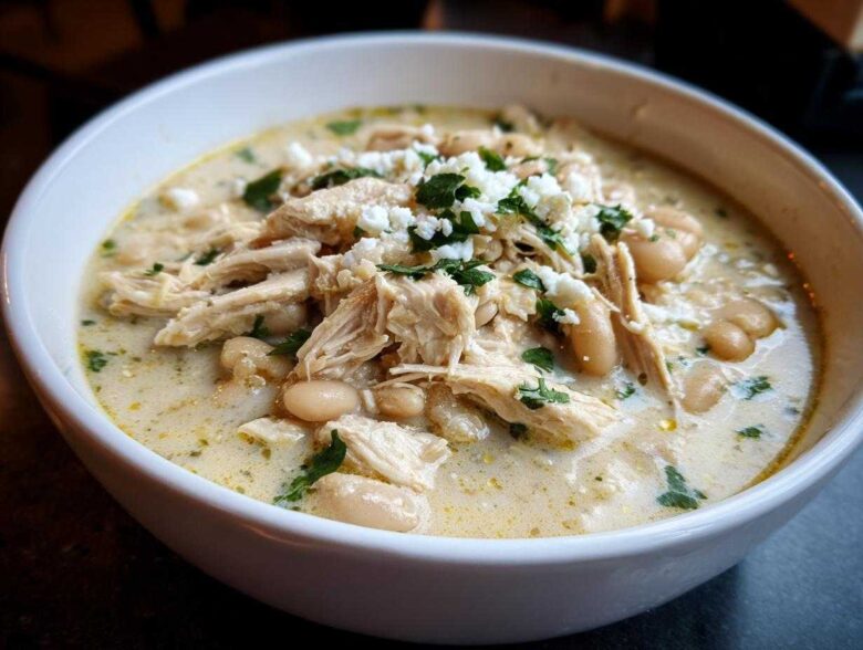 Close-up of a bowl of creamy crockpot white chicken chili topped with shredded chicken, white beans, and feta cheese.