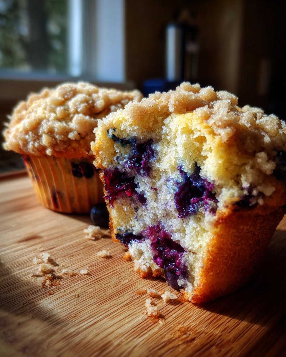Close-up of a crumb-topped blueberry muffin cut in half, showing moist interior packed with blueberries.