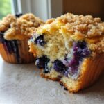 A close-up view of a delicious blueberry muffin broken open, showing moist interior and streusel topping. Perfect blueberry muffins!