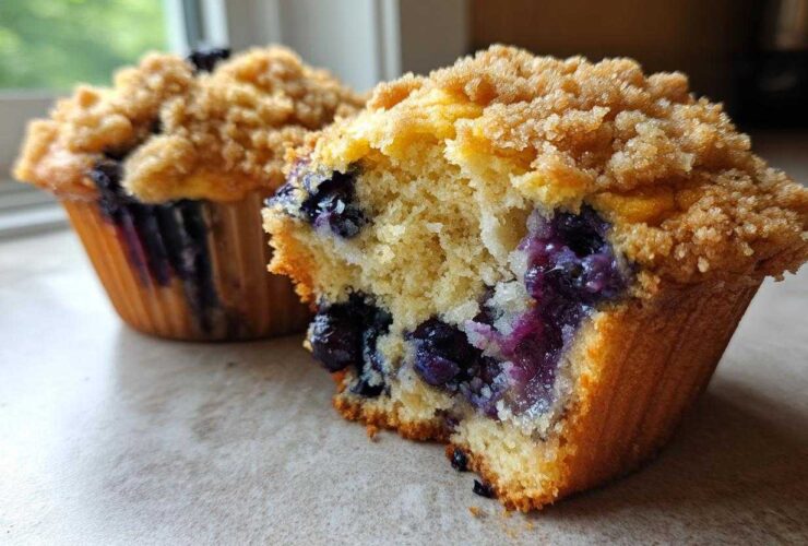 A close-up view of a delicious blueberry muffin broken open, showing moist interior and streusel topping. Perfect blueberry muffins!