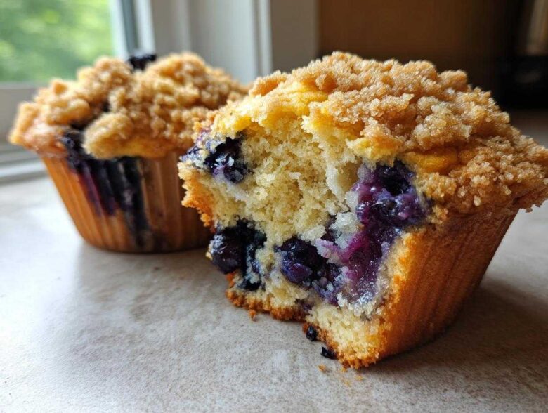 A close-up view of a delicious blueberry muffin broken open, showing moist interior and streusel topping. Perfect blueberry muffins!