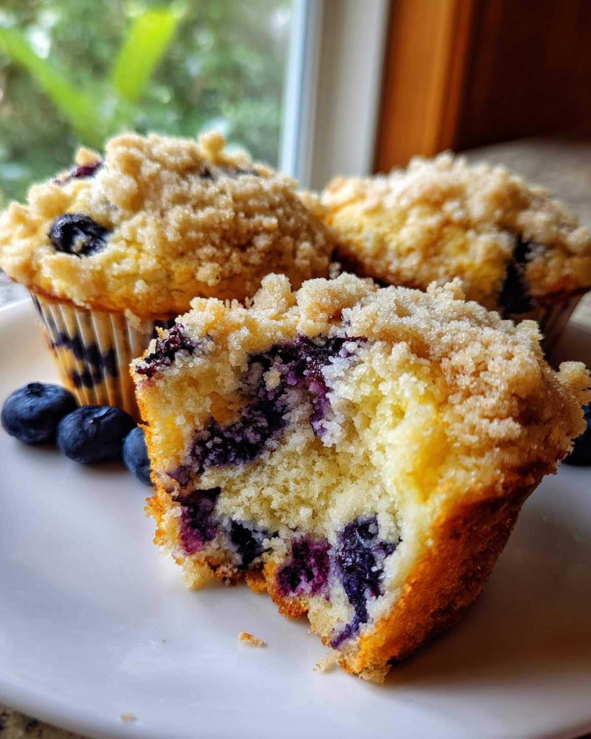 A close-up of a moist blueberry muffin, broken open to show the fruit inside, topped with streusel, next to whole blueberry muffins.