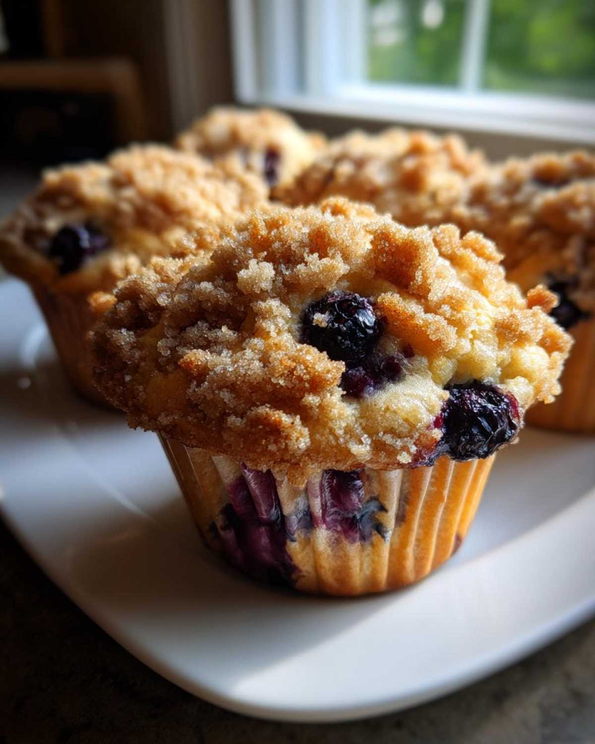 A close-up of a freshly baked blueberry muffin topped with golden brown streusel, sitting on a white plate.
