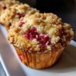 Close-up of a freshly baked strawberry muffin with a golden crumb topping and visible bright red fruit filling.