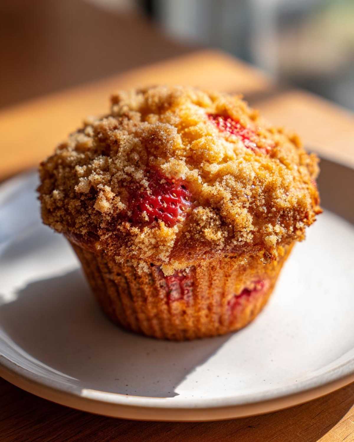 A close-up of a golden brown strawberry muffins topped with a generous layer of streusel crumb topping.