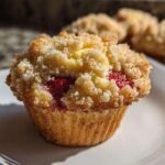 A close-up of a freshly baked strawberry muffins topped with golden streusel crumb topping, sitting on a white plate.