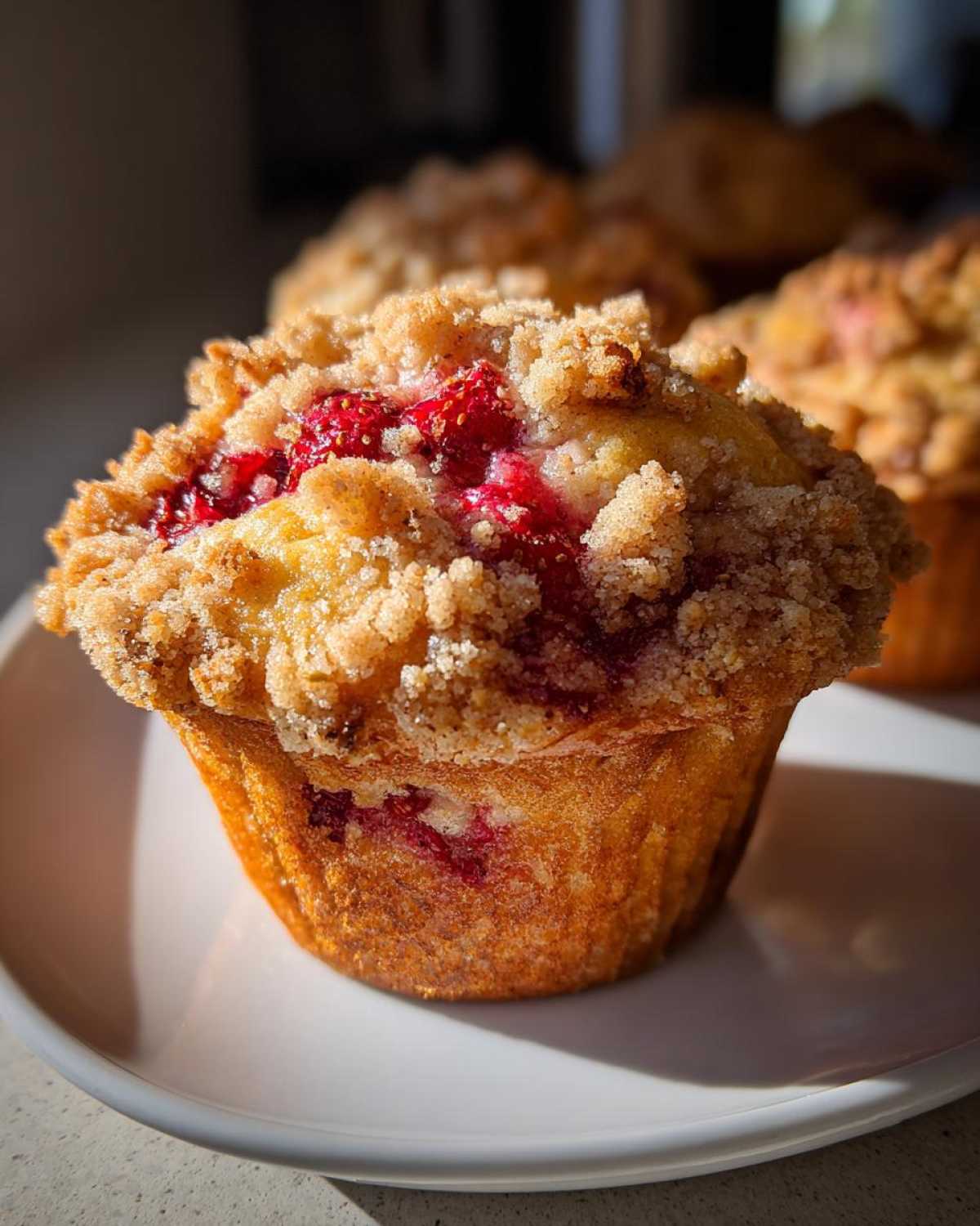 A close-up of a golden brown strawberry muffins topped with a thick, sugary crumb topping.